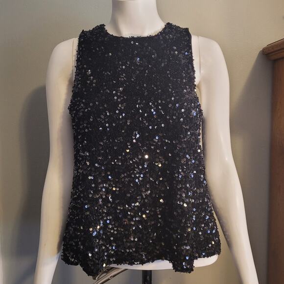 OLD NAVY Holiday Glam Sequin Tank Top S Tall Black Party Blouse Festive Sparkle - Picture 1 of 10